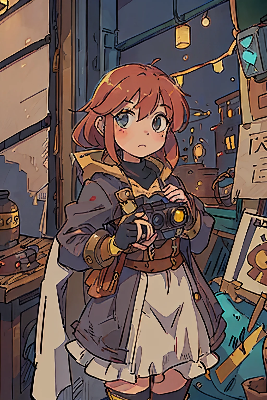 (8k, RAW photo, highest quality), pretty girl using tools next to a table, in a factory, water pipe, water tank, 18th century, red head, steampunk aviary helmet, coat available, (detailed eyes : 0.8), (looking at camera: 1.4), (highest quality), (best shadow), intricate details, interior, dark studio, muted colors, (steam punk), Lucca from Chrono trigger