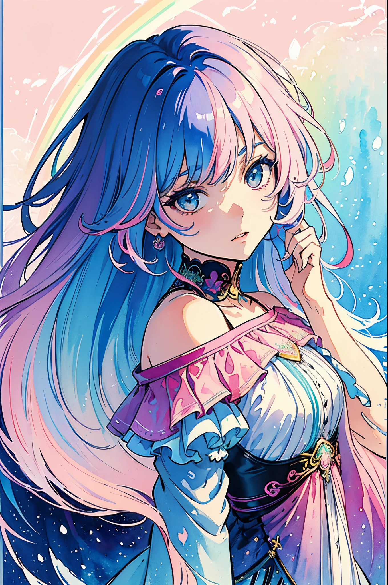 (masterpiece, top quality, best quality,watercolor (medium),official art, beautiful and aesthetic:1.2),(1girl:1.3), (fractal art:1.3),upper body, from side, looking at viewer,patterns,(rainbow color Hair,colorful hair,half blue and half pink hair:1.2),water,liquid, cloud,colorful, starry,stars,