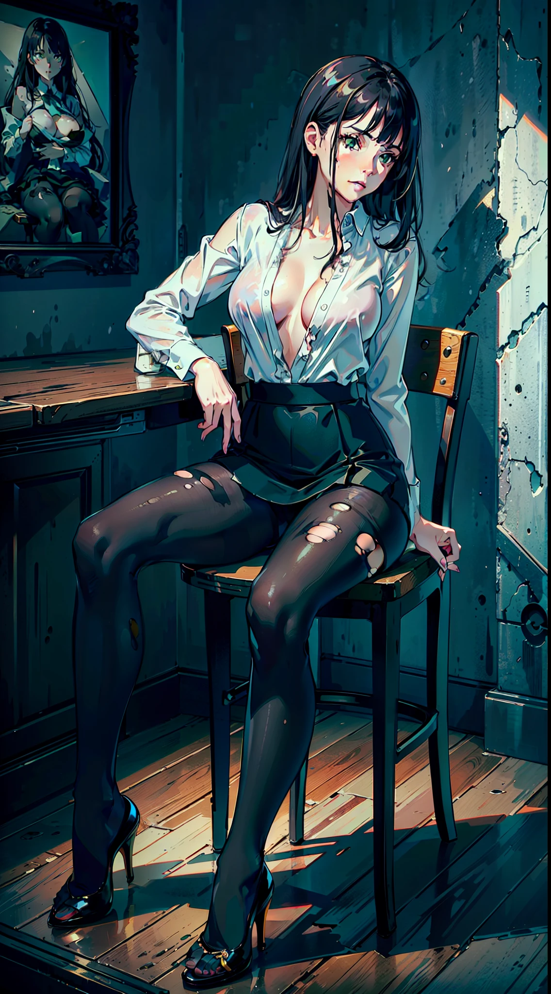 beautiful young girl, dark long hair, green eyes, white unbuttoned blouse, medium breasts, bare breasts, breast grabbing, narrow nipples, black short skirt, (((black torn pantyhose))), black stilettos, realistic, symmetrical, highly detailed, ray traced, rendered, Masterpiece, extremely detailed, sexual pose, full body, sitting on chair