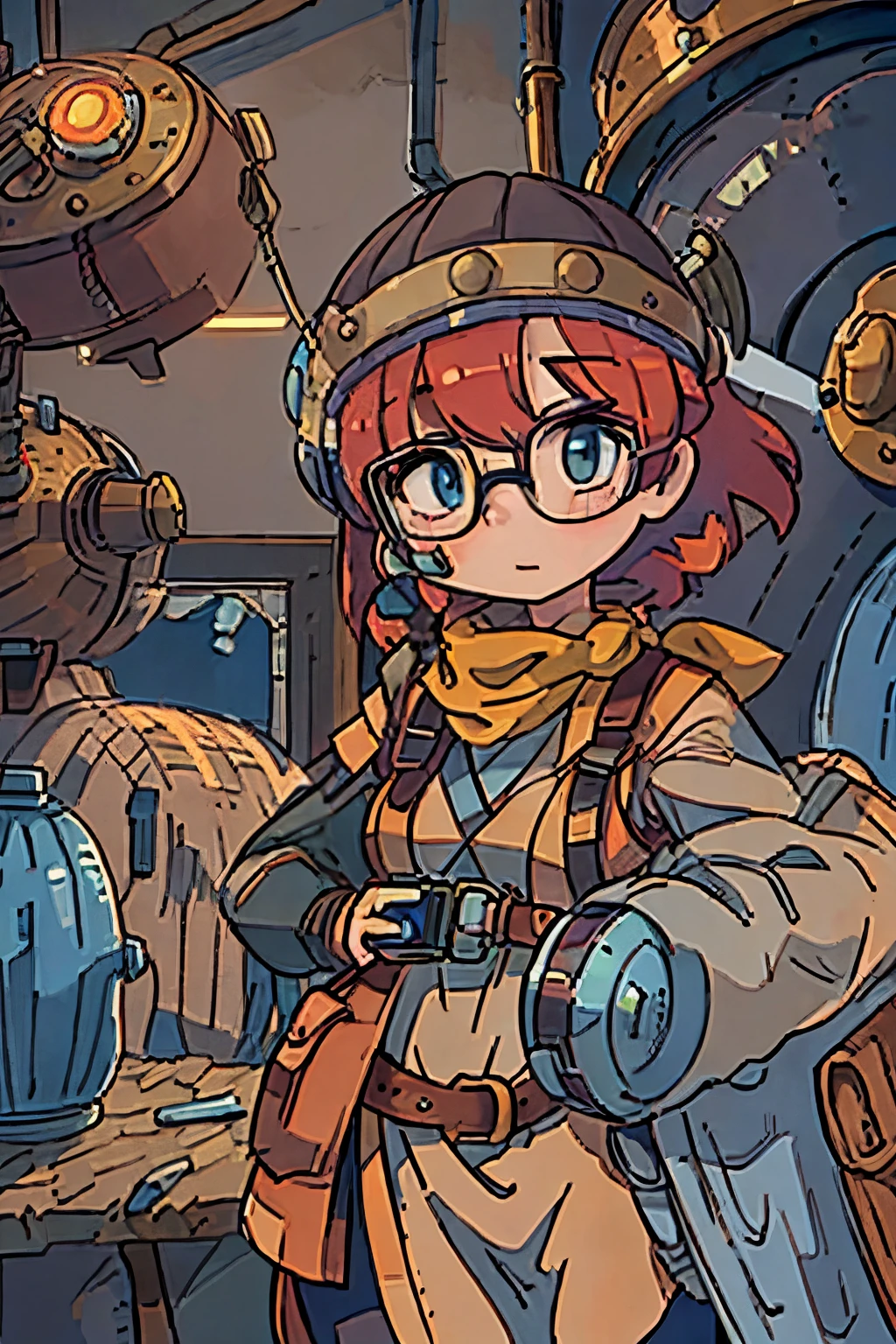 (8k, RAW photo, highest quality), pretty girl using tools next to a table, in a factory, water pipe, water tank, 18th century, red head, steampunk aviary helmet, coat available, (detailed eyes : 0.8), (looking at camera: 1.4), (highest quality), (best shadow), intricate details, interior, dark studio, muted colors, (steam punk), Lucca from Chrono trigger