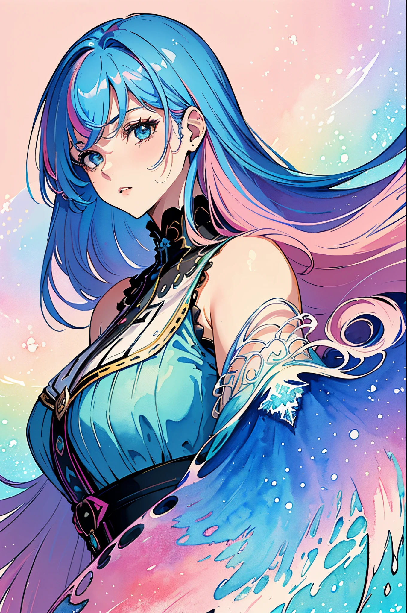 (Masterpiece, Top Quality, Best Quality, watercolour (medium), official arts, Beauty and Aesthetics: 1.2), (1girl 25 years old: 1.3), (s fractal art: 1.3), clean background, Background, full - body, gaze at the viewer, (rainbow hair, Colored hair, half blue and half pink long hair: 1.2), a closeup of a