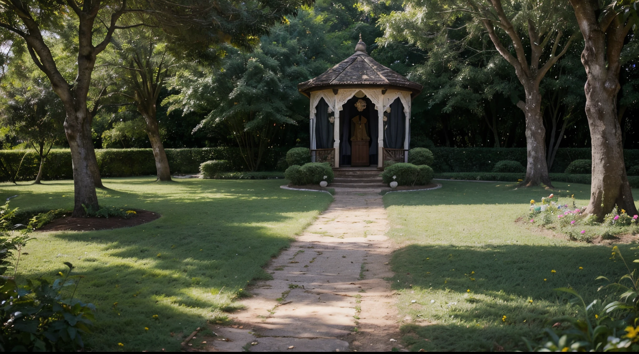 Localizado em um recanto sereno, away from the hustle and bustle of the city, This garden is a verdant sanctuary, where nature harmoniously intertwines with spirituality. At the entrance, um arco de trepadeiras florescentes acolhe os visitantes, revealing a winding path lined with leafy trees and flowerbeds filled with multicolored flowers. A gentle melody of birds and a gentle breeze permeate the environment., conferindo uma atmosfera celestial. At the heart of the garden, um lago tranquilo reflete os raios do sol dourado. Uma pequena ponte de madeira, adornada com lanternas delicadas, atravessa o lago, levando a uma ilha coberta por um tapete de flores. It is in this floral refuge that Bela often sits to meditate., connecting with your own essence and inspiring yourself to guide others on their journeys of forgiveness. Ao redor do jardim, wooden benches invite contemplation. Old trees provide soft shade, creating small corners of introspection. Uma trilha de pedras, decorated with delicate solar lamps, winds through an enchanted forest, levando a um gazebo elevado, where Bela holds her counseling sessions and workshops. with a middle-aged woman who carries with her an aura of serenity and compassion. His deep eyes reflect the wisdom acquired throughout a life marked by challenges and overcoming. Seus cabelos, agora salpicados de fios prateados, tell stories of lived experiences, but her serene and radiant expression reveals the inner healing journey she has taken. Vestindo roupas leves e coloridas, Bela transmite uma energia positiva que contagia todos ao seu redor. Your gentle smile and the soft lines on your face are testimony to the transformative power of forgiveness in your life.. Bela's conscious choices reflect her commitment to health, Not just physics, but also emotional.