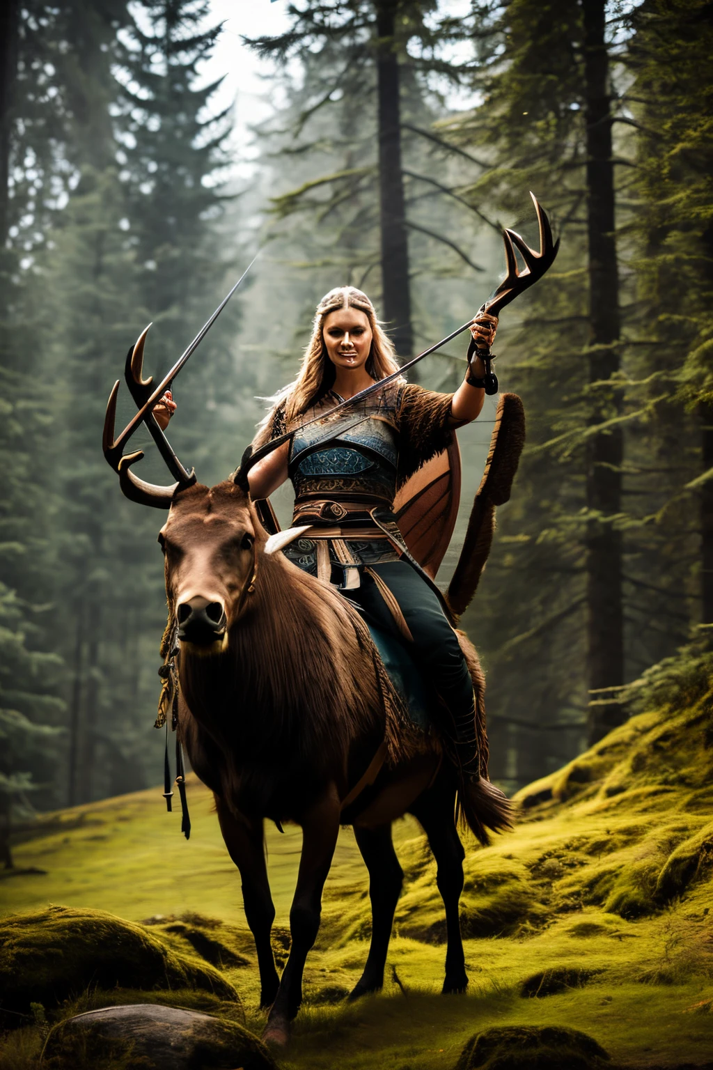 viking woman, riding elk, mystic forest, bow and arrow