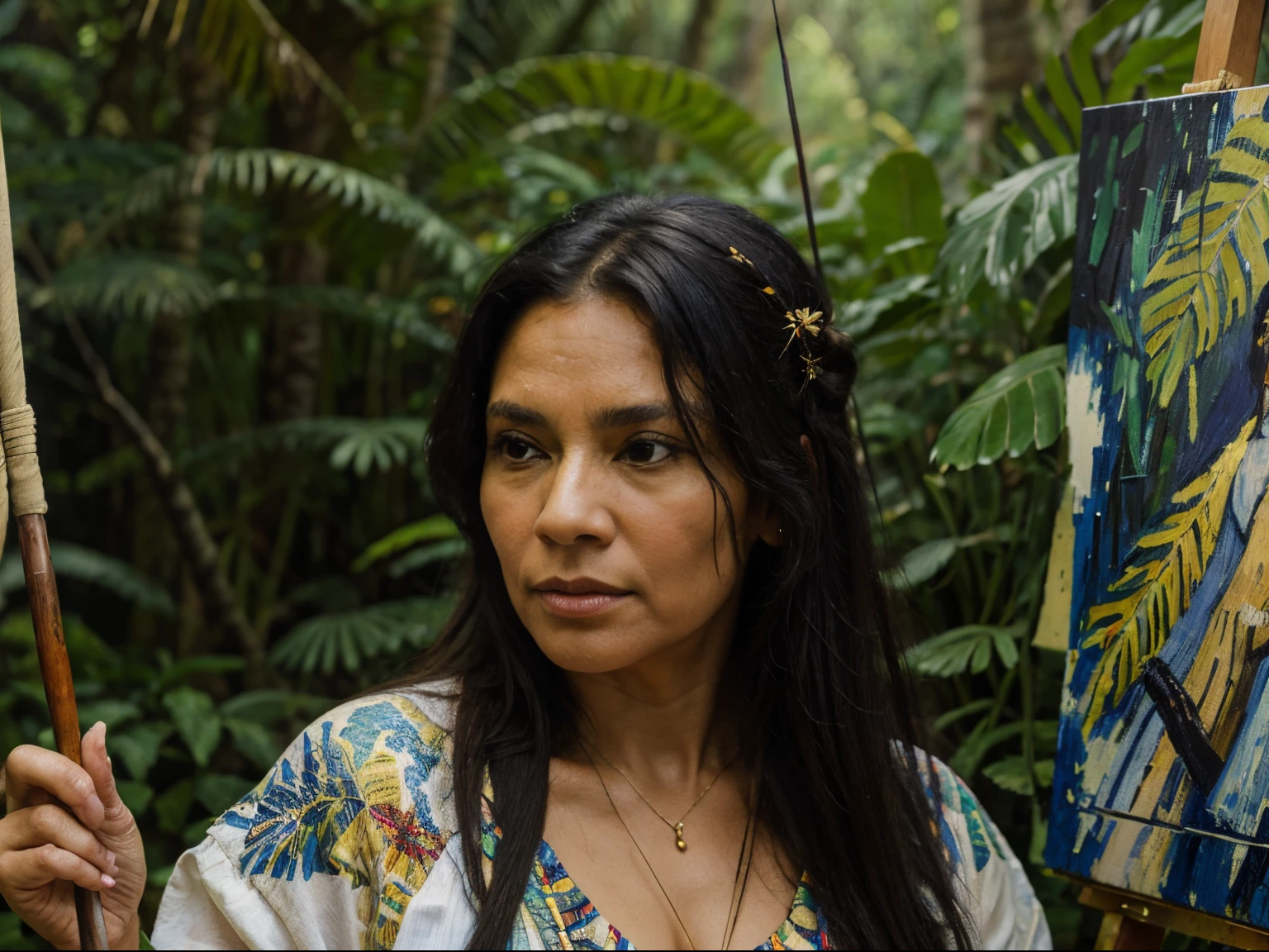 a painting in the style of Van Gogh's impressionist brushstrokes, of a wise and radiant middle-aged indigenous woman, with bows and arrows, black hair in the Brazilian rainforest.