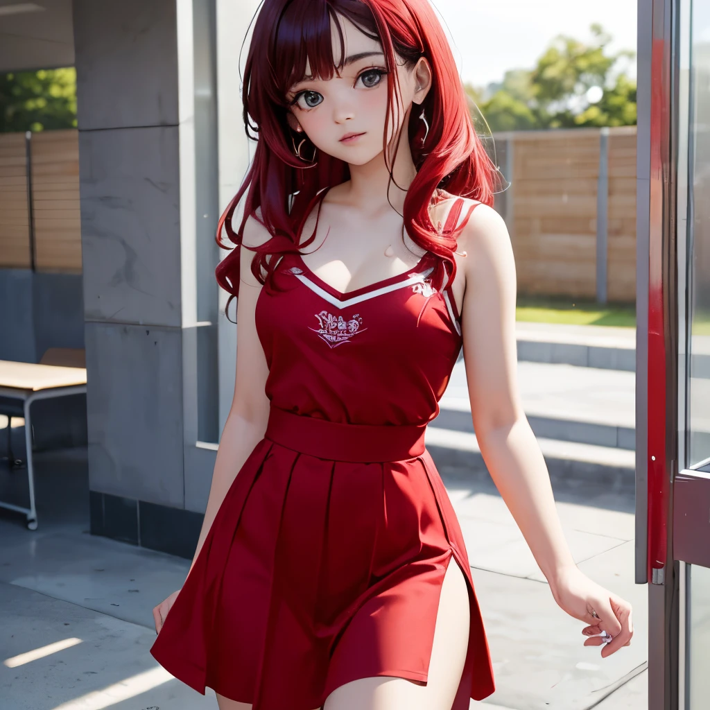 Aura-fed woman with long red hair and yellow-green camisole, chiho, neat hair with bangs, 奈良美智, Shiori Teshirogi, hime-cut, With side ponytails, Red hair and bangs, With bangs, rena nounen style 3/4, Wavy shoulder-length hair, shoulder-length hair、Laughing with open mouth、Beautiful collarbone、Beautiful thin thighs、Side tail、cleavage of the breast、Smaller chest、on a couch