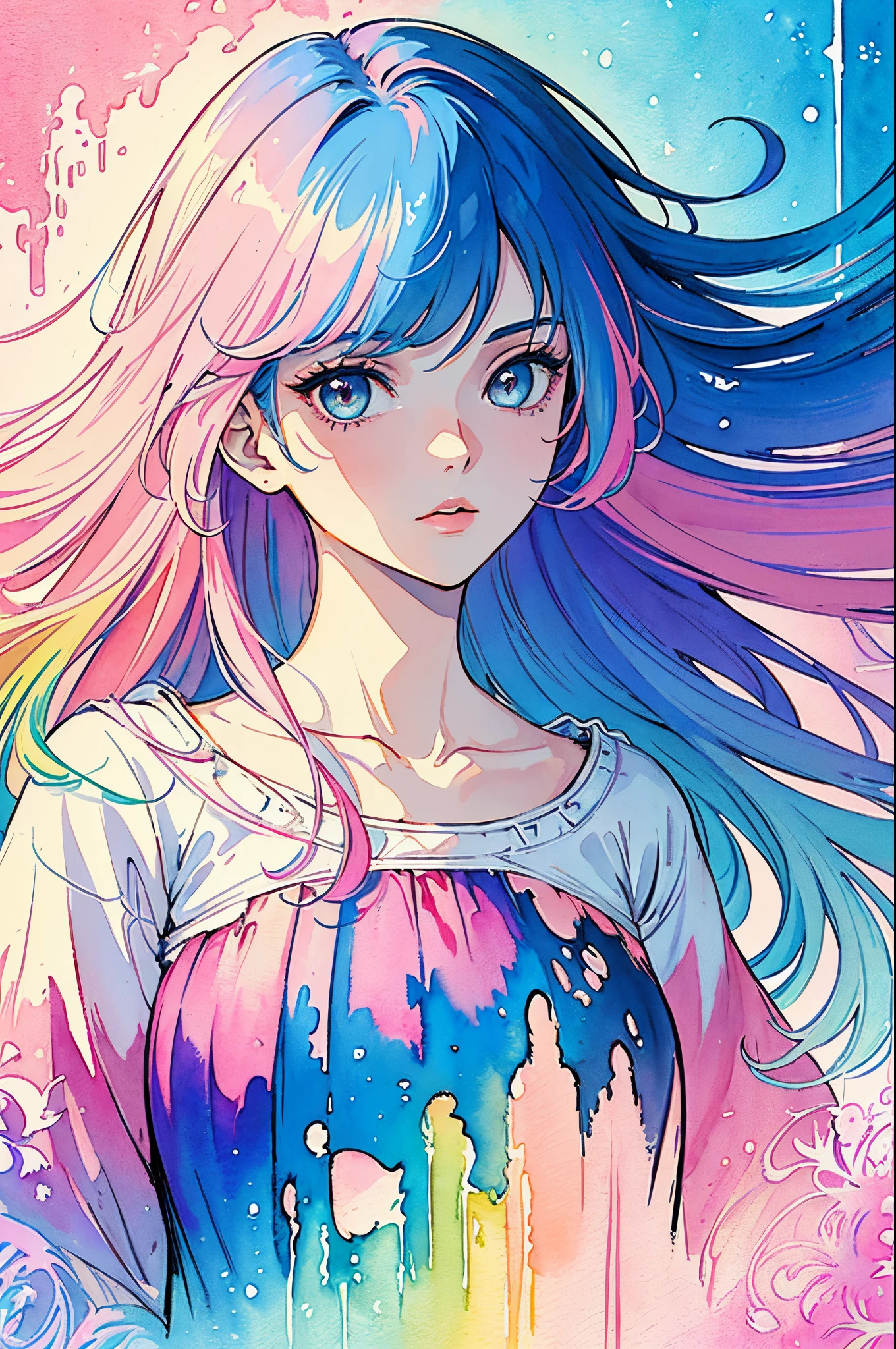 (Masterpiece, Top Quality, Best Quality, watercolour (medium), official arts, Beauty and Aesthetics: 1.2), (1girl 25 years old: 1.3), (s fractal art: 1.3), clean background,  Background, full - body, gaze at the viewer, (rainbow hair, Colored hair, half blue and half pink long hair: 1.2), a closeup of a