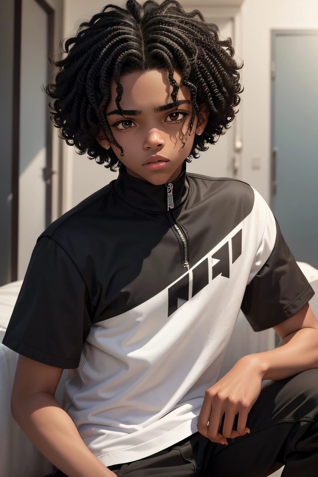 Jovem do colegial com trajes futuristas, He's a ,  O menino, your skin is black and your hair is curly. His hair is short and has bangs on his forehead...