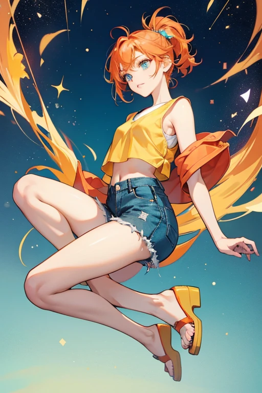 Bloom is a slightly fair-skinned girl with waist-length red-orange hair with a single small hair strand sticking up and large cyan eyes. Bloom's outfit consists of a light teal, sleeveless cropped sweatshirt with a matching teal trim and a pale yellow short-sleeved shirt underneath. She also wears a light blue slightly flared jeans that have stars on the bottom of the legs. Her shoes are yellow wedge-sandals with straps over the instep.
