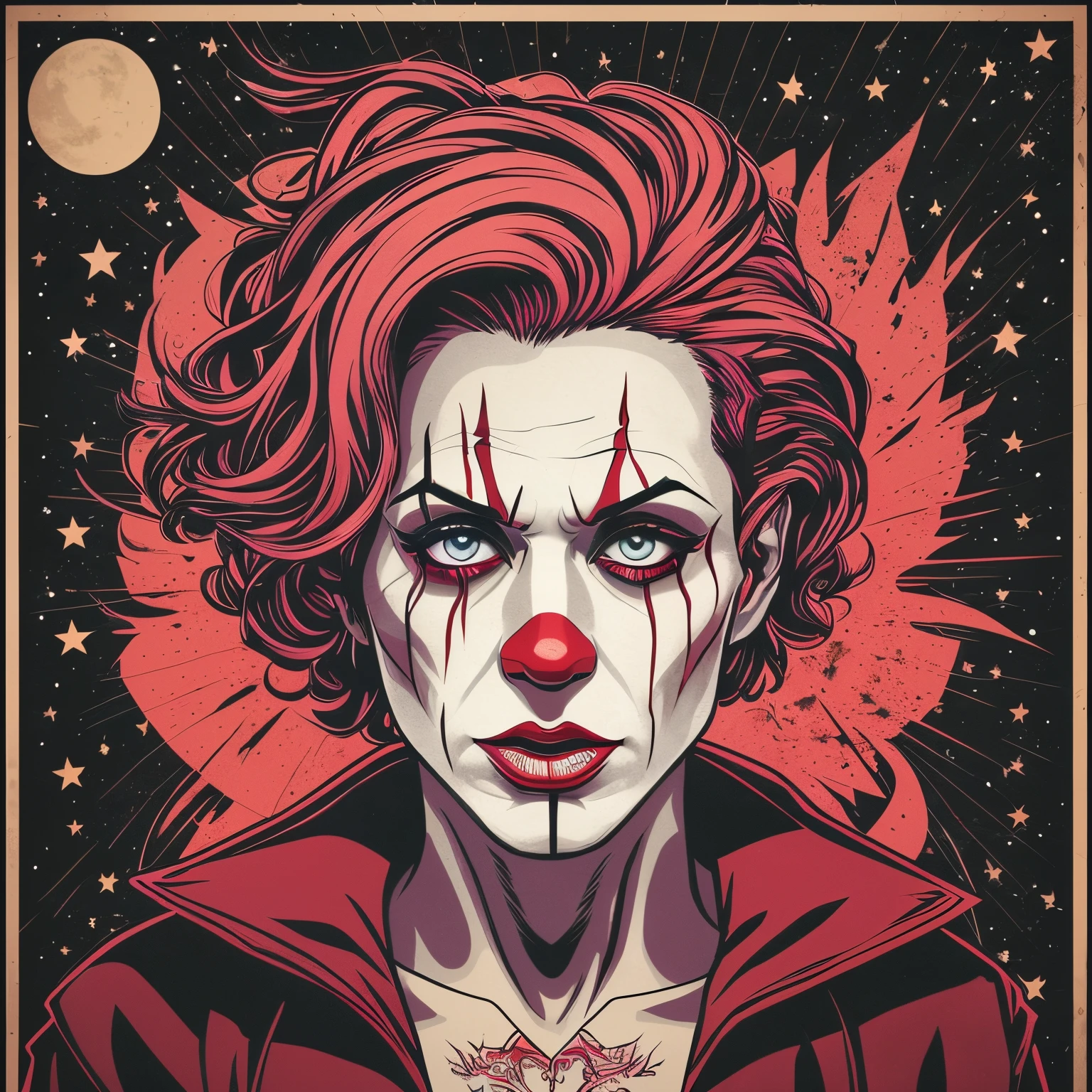 a killer clown , bloody, marylin manson, vector art, Chibi, Colouring, Primary works, hd, 4k, comics, Beautiful and Aesthetic, Conceptual art in the style of Obey, by artist Shepard , D*Face (Dean Stockton), cinema poster, vintage design --auto --s2