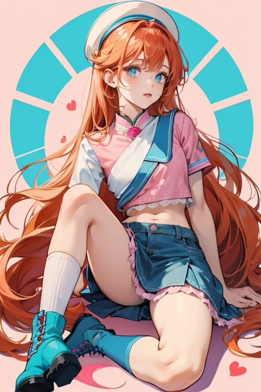 Bloom is a slightly fair-skinned girl with waist-length red-orange hair with a single small hair strand sticking up and large cyan eyes. Bloom's outfit consists of a blue and white striped midriff top with small pink hearts and a ruffly denim skirt. She also wears a pink armband on her left arm and over-the-knee blue socks. Her shoes are dark blue platform boots with white tips and pink lace.
