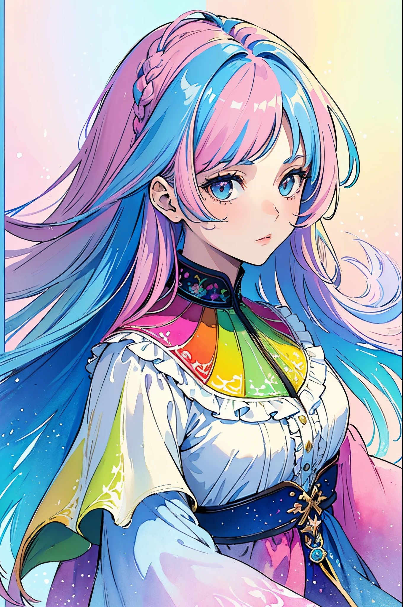 (Masterpiece, Top Quality, Best Quality, watercolour (medium), official arts, Beauty and Aesthetics: 1.2), (1girl 25 years old: 1.3), (s fractal art: 1.3), clean background, Background, full - body, gaze at the viewer, (rainbow hair, Colored hair, half blue and half pink long hair: 1.2), a closeup of a