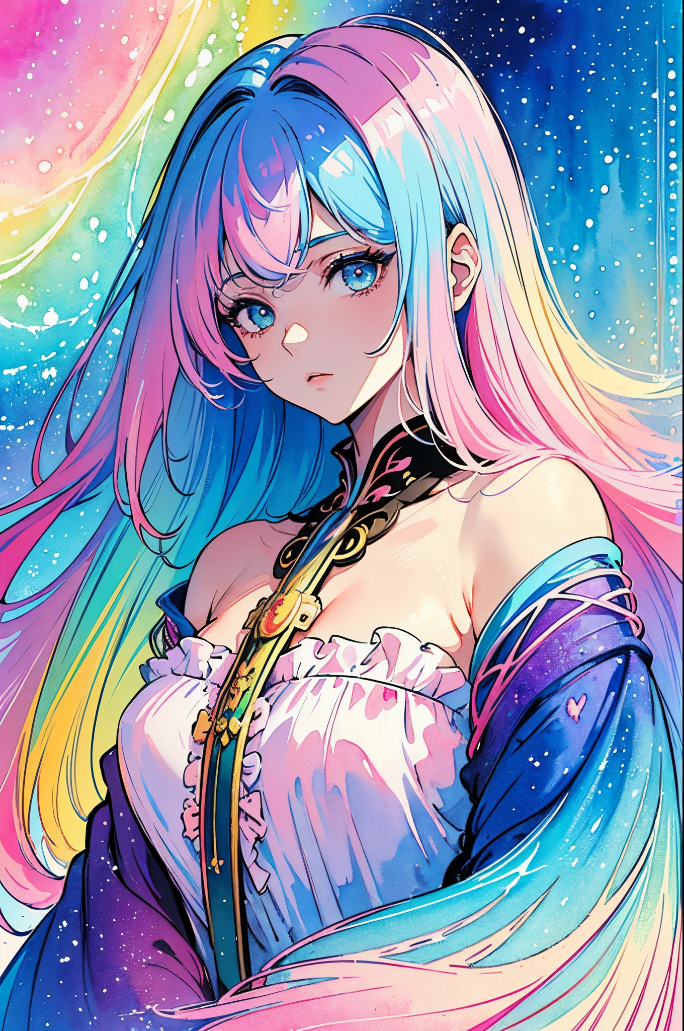 (Masterpiece, Top Quality, Best Quality, watercolour (medium), official arts, Beauty and Aesthetics: 1.2), (1girl 25 years old: 1.3), (s fractal art: 1.3), clean background, Background, full - body, gaze at the viewer, (rainbow hair, Colored hair, half blue and half pink long hair: 1.2), a closeup of a