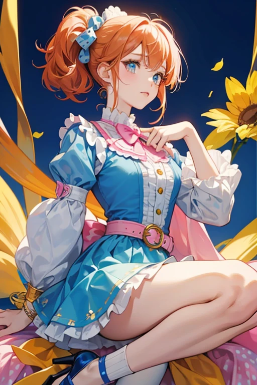 Bloom is a slightly fair-skinned girl with waist-length red-orange hair with a single small hair strand sticking up and large cyan eyes. Bloom's hair is now knee-length with her bangs uneven to the right. She wears a pink ruffle sleeve top with white, soft pink, and blue polka-dots, yellow trim, and a blue heart emblem with a blue puffy skirt and a gold belt with a pink and white polka-dot bow. Her shoes are heels (same as the top) with a yellow toe ribbon and a blue ankle cover. She also wears pink bangle bracelets.