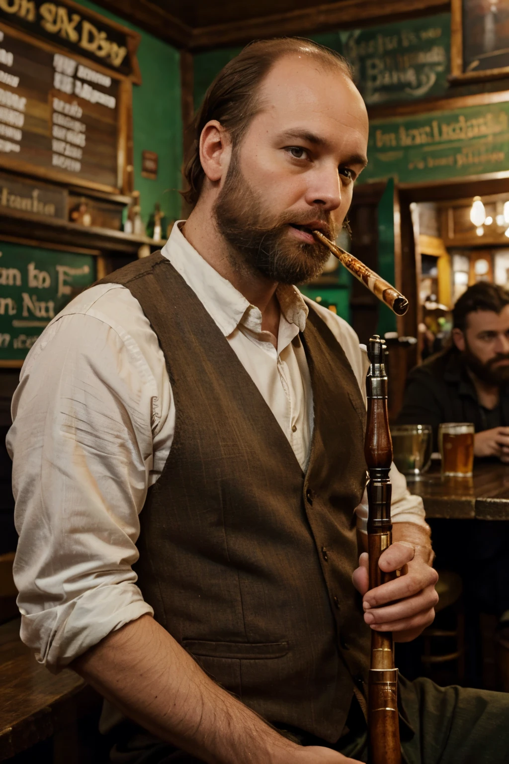 42 year old balding man with brown hair and a beard playing a tin whistle in a pub in ireland