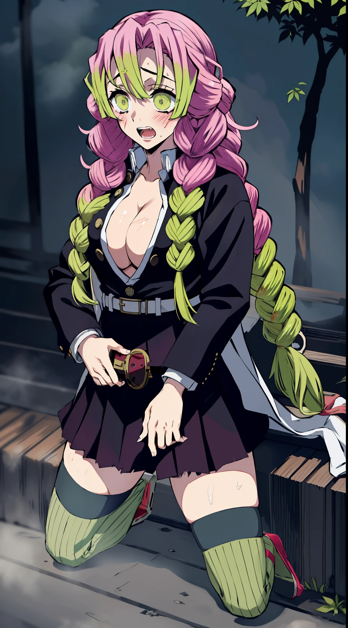 MitsuriKanroji, looking up, torn clothes, 1girl, fog, blank eyes, shaded face, outdoors, open mouth, black miniskirt, bruise, cleavage cutout, messy hair, kneeling, lime thighhighs, partially unbuttoned, night, black shirt, solo, white belt, buttons,