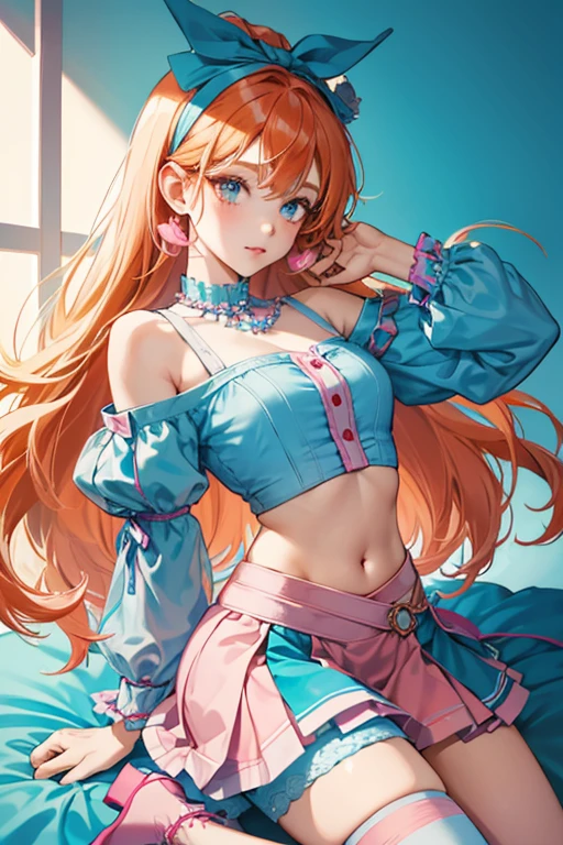 Bloom is a slightly fair-skinned girl with waist-length red-orange hair with a single small hair strand sticking up and large cyan eyes. Bloom wears a pink top with blue hearts in the right corner and a strap on her left shoulder, off-the-shoulder sleeve on her right arm, and a blue bow on the strap. She also sports a light blue sleeveless midriff top with pink buttons over the pink top and a blue ruffled mini-skirt. She accessorizes with two blue beaded necklaces, two blue bangles, and pink over-the-knee socks. Her shoes are light blue high-heeled boots with blue heels and blue ribbons wrapped around her leg and tying on the back her hamstring. Her hair is knee-length and her bangs are parted mostly to the right and cheek length, but the other side is pulled behind her ear with a short piece hanging down and is decorated with a light blue barrette on the right side of her head.