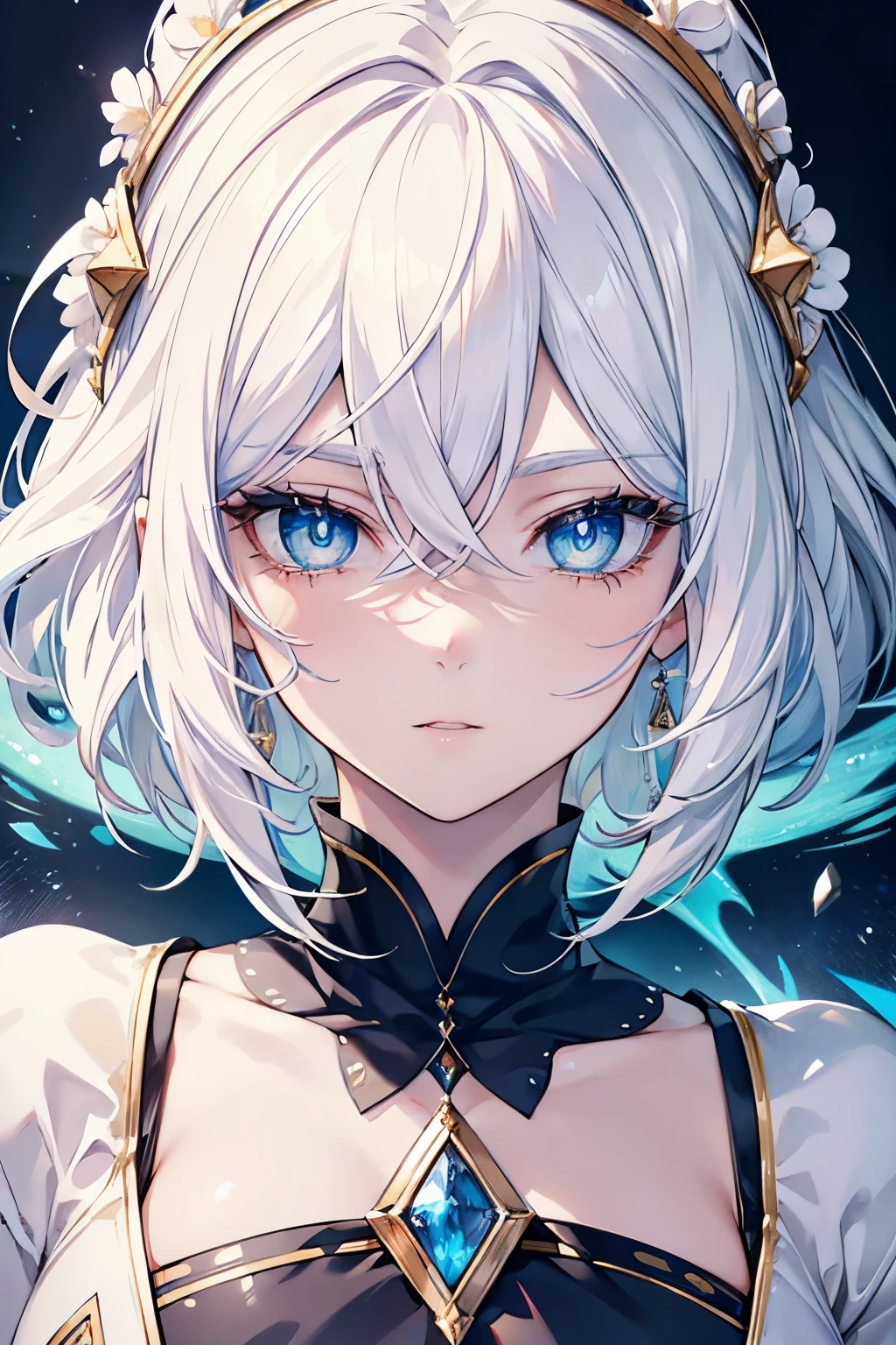 Velzard, white hair, majestic, beautiful, yellow eyes, blue and white dress, detailed eyes and face, long eyelashes, best quality, ultra-detailed, realistic:1.37, HDR, vivid colors, portraits, soft color palette