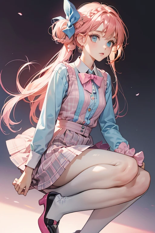 Bloom is a slightly fair-skinned girl with waist-length red-orange hair with a single small hair strand sticking up and large cyan eyes. Bloom wears a pale blue collared-top under a light pink sweater with black buttons and accents, also there is a hot pink bow near the collar of the under-shirt. She also wears a light grey mini-skirt with thin, pale pink plaid designs and light pink tights with grey diamonds. Her shoes are dark grey heels with pale blue socks that has hot pink lining. Her hair is in a braid with a pink hair-bow tying it at the top and a pink bow on the bottom, also her bangs are in front and spread out around her forehead.