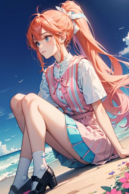 Bloom is a slightly fair-skinned girl with waist-length red-orange hair with a single small hair strand sticking up and large cyan eyes. she wears a pink shirt with blue and pink stripes under a blue vest with a pink skirt above her knees and blue socks. She wears dark blue colored socks and pink and white colored shoes on high heels. Her hair is long, arranged in a ponytail similar to her Sirenix transformation with a pale pink ribbon with blue and pink stripes similar to her blouse.