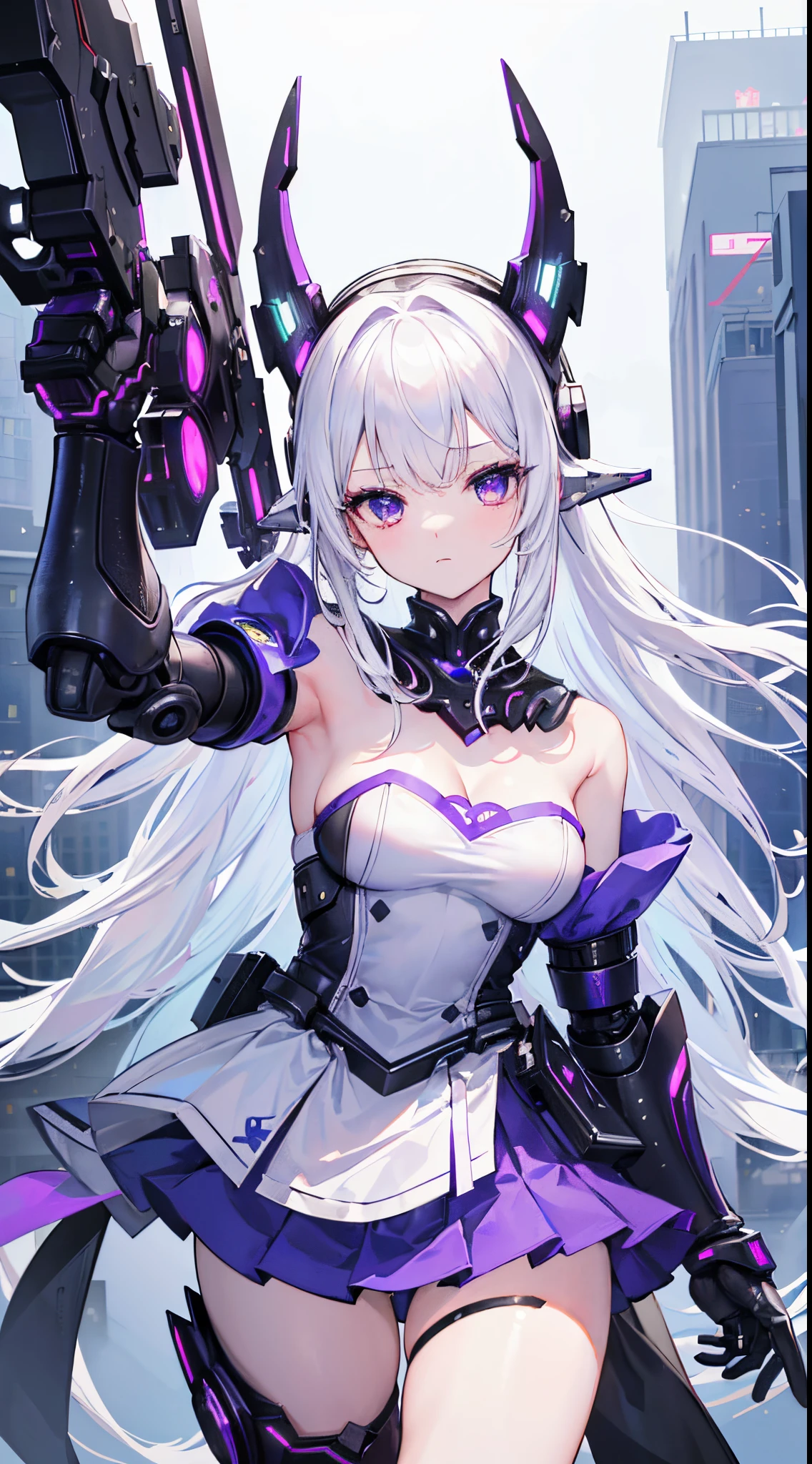 One Girl、cute、Silver Hair、Long Hair、Mecha Girl、future worldview、Gun of the Future、High Frequency Blade、Strengthen the outer frame、White leotard、sexy、Big Breasts、Sideboob、Hair floating in the wind、Future City、Fighting pose、whole body、Purple eyes、Bangs
