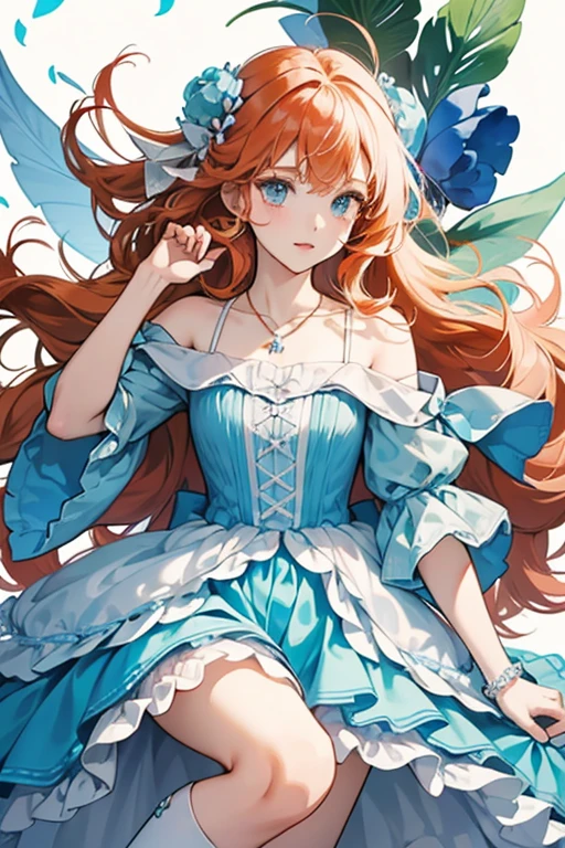Bloom is a slightly fair-skinned girl with waist-length red-orange hair with a single small hair strand sticking up and large cyan eyes. Bloom's hair is worn down (just like her original form from Season 1-4), but her bangs are much more side-swept and curly to the right side. She wears a multi-layer dress similar to her Enchantix, but in shades and layers of pale blue and white. There are several ruffles at the end of each layer, embroidery decorations throughout the dress and two small brown bows at the end of the penultimate layer. She wears a blue coat over her dress and blue leggings similar to her Sirenix and Bloomix with a pale blue flower pattern. She wears brown country-style boots at the calf with various ruffle decorations. She wears a bracelet on her left wrist and a necklace with a pendant in the shape of a pink heart.