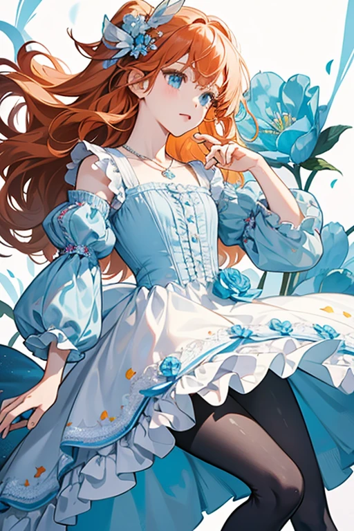 Bloom is a slightly fair-skinned girl with waist-length red-orange hair with a single small hair strand sticking up and large cyan eyes. Bloom's hair is worn down (just like her original form from Season 1-4), but her bangs are much more side-swept and curly to the right side. She wears a multi-layer dress similar to her Enchantix, but in shades and layers of pale blue and white. There are several ruffles at the end of each layer, embroidery decorations throughout the dress and two small brown bows at the end of the penultimate layer. She wears a blue coat over her dress and blue leggings similar to her Sirenix and Bloomix with a pale blue flower pattern. She wears brown country-style boots at the calf with various ruffle decorations. She wears a bracelet on her left wrist and a necklace with a pendant in the shape of a pink heart.