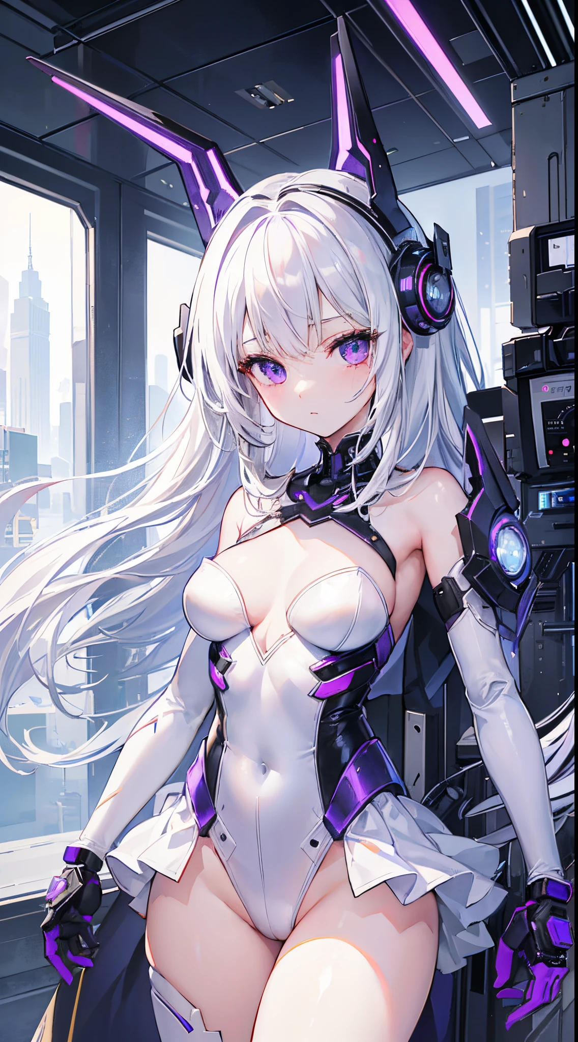 (8K、Top image quality、top-quality、masterpiece)、A detailed face、1 girl in、white hair、Long、pointed headgear、a purple eye、expressionless、Moderately breasts、White leotard、((highleg))、Strapless、((Mechanical arm))、Micro Mini Pleated Skirt、cowboy shot、cyberpunked、City background