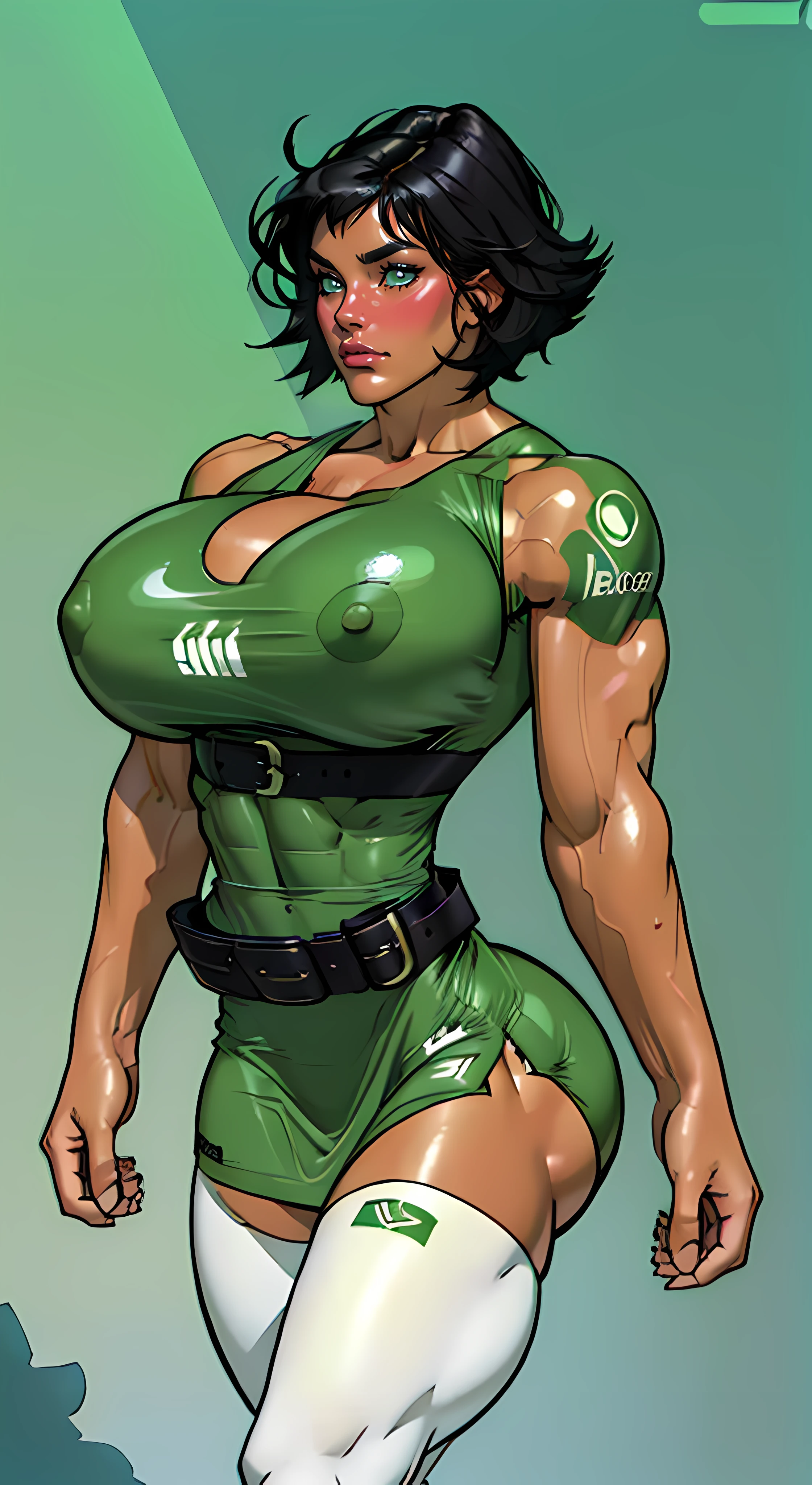 (buttercup)(black hair, green eyes, short hair, messy hair)(dress, light-green sleeveless dreslack belt, white thighhighs)(puffy lips:1.4), (((wide hips))), (((gigantic breasts:1.2))), ((Massive Bodybuilder)), masterpiece, (slendered abs:1.2) ,detailed , shiny skin, beautiful lighting from the side, harsh light, ((((huge muscles))))