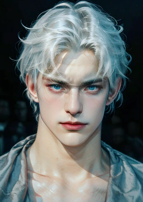 (More than half body), 1man, white hair, a knight, a little stern, solo focus masculine face, vivid blue eyes, large faded scar over right eye, hyper realistic, curtain hairstyle, heroic, black armor, frost forest, realistic, detailed and correct facial structure, johan liebert mixed with dante, handsome, attractive, slightly muscular, cinematic lighting, unreal engine, intricate details,  masterpiece, best quality, by Irakli Nadar, Greg Rutkowski, (((best quality))),(((ultra detailed))),(((masterpiece)))