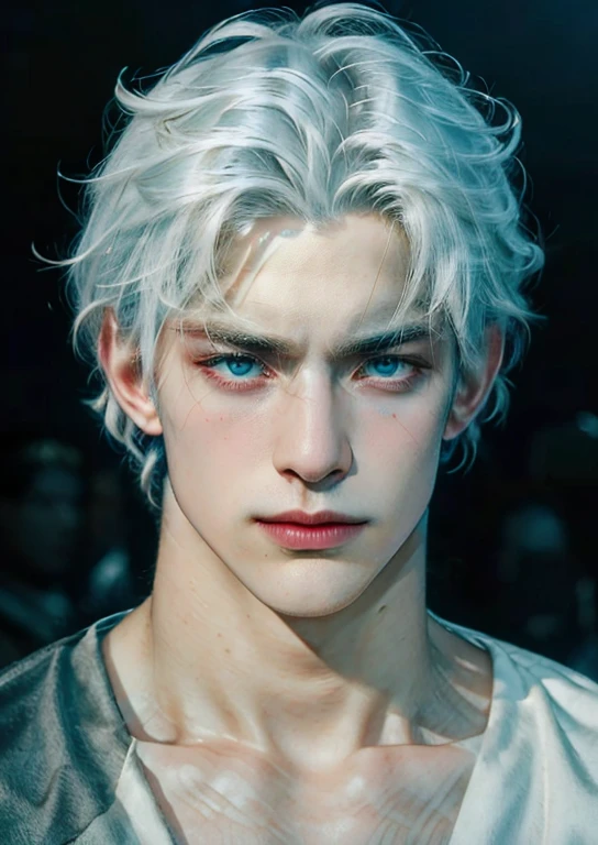 (More than half body), 1man, white hair, a knight, a little stern, solo focus masculine face, vivid blue eyes, large faded scar over right eye, hyper realistic, curtain hairstyle, heroic, black armor, frost forest, realistic, detailed and correct facial structure, johan liebert mixed with dante, handsome, attractive, slightly muscular, cinematic lighting, unreal engine, intricate details,  masterpiece, best quality, by Irakli Nadar, Greg Rutkowski, (((best quality))),(((ultra detailed))),(((masterpiece)))