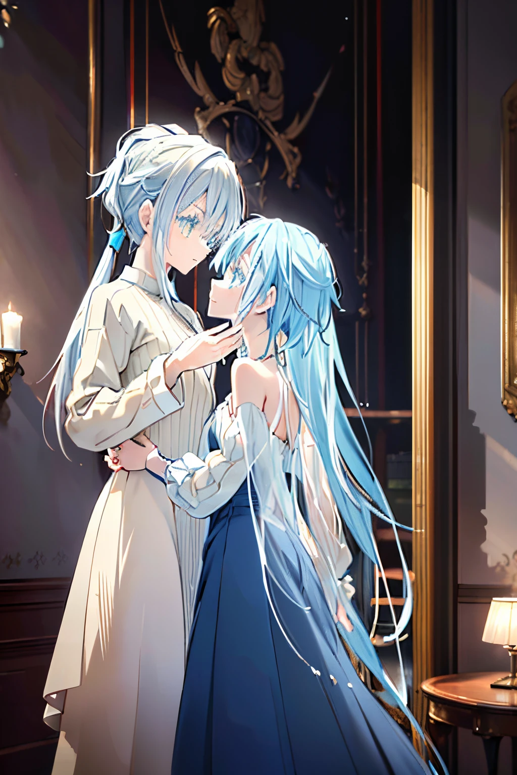 (best quality, ultra-detailed, highres, masterpiece:1.2), Velzard and Rimuru kissing passionately, standing in a luxurious room, medium: oil painting, romantic atmosphere, vibrant colors, detailed background, high contrast lighting, rich textures, lush furniture, elegant decor, delicate brushstrokes, realistic portrayal, fine details, intense emotions, dramatic composition, intimate moment, graceful and natural poses, deep eye contact, tender expressions, intricate clothing, flowing fabrics, tranquil ambiance, soft and warm color tones, mesmerizing visual depth, dreamlike quality, captivating atmosphere, dynamic brushwork, skilled craftsmanship, timeless beauty, magical and enchanting, harmonious blend of fantasy and reality.