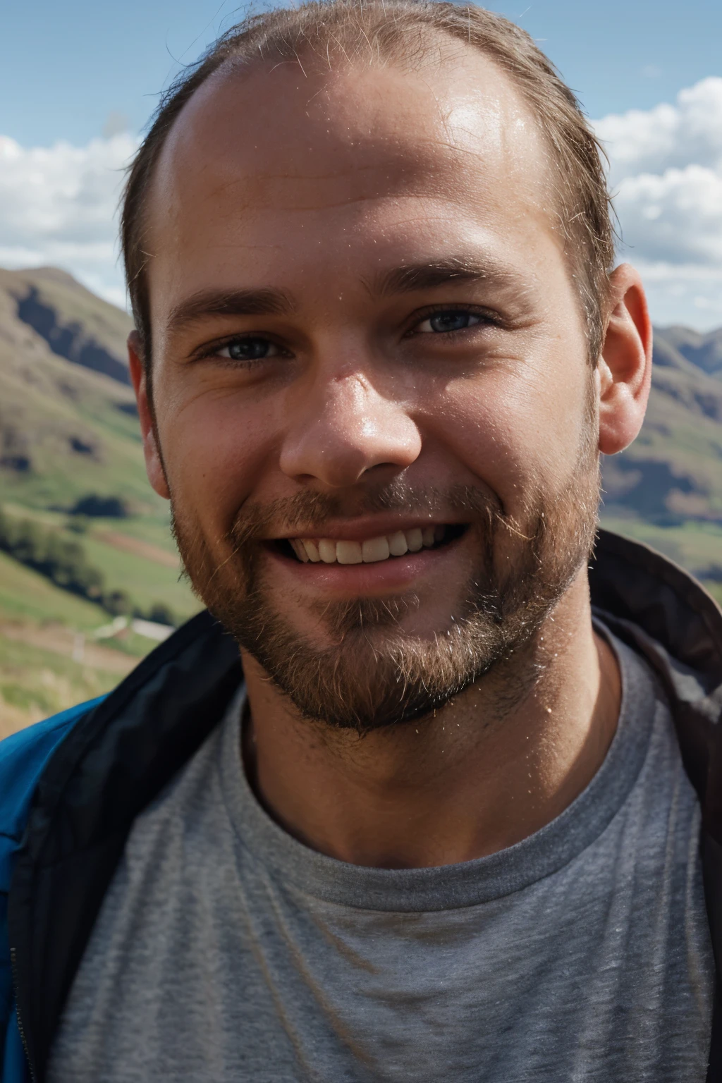 42 year old slightly balding short haired and smiling man with brown hair and a beard and blue eyes out hillwalking