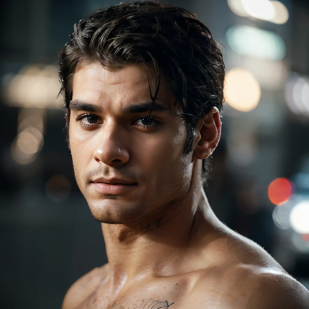 RAW photo, portrait of a man, ((Perfect Face)), mix face [evis preseley: zayn malik: 0.1], [will smith: henry cavill: 0.1], topless, sharp focus, detailed face, blue eyes, (high detailed skin:1.2), 8k, uhd, dslr, soft lighting, high quality, film grain, Fujifilm XT3, (Intricate), (High Detail), (bokeh), rich colors ,hyper realistic ,lifelike texture, dramatic lighting,