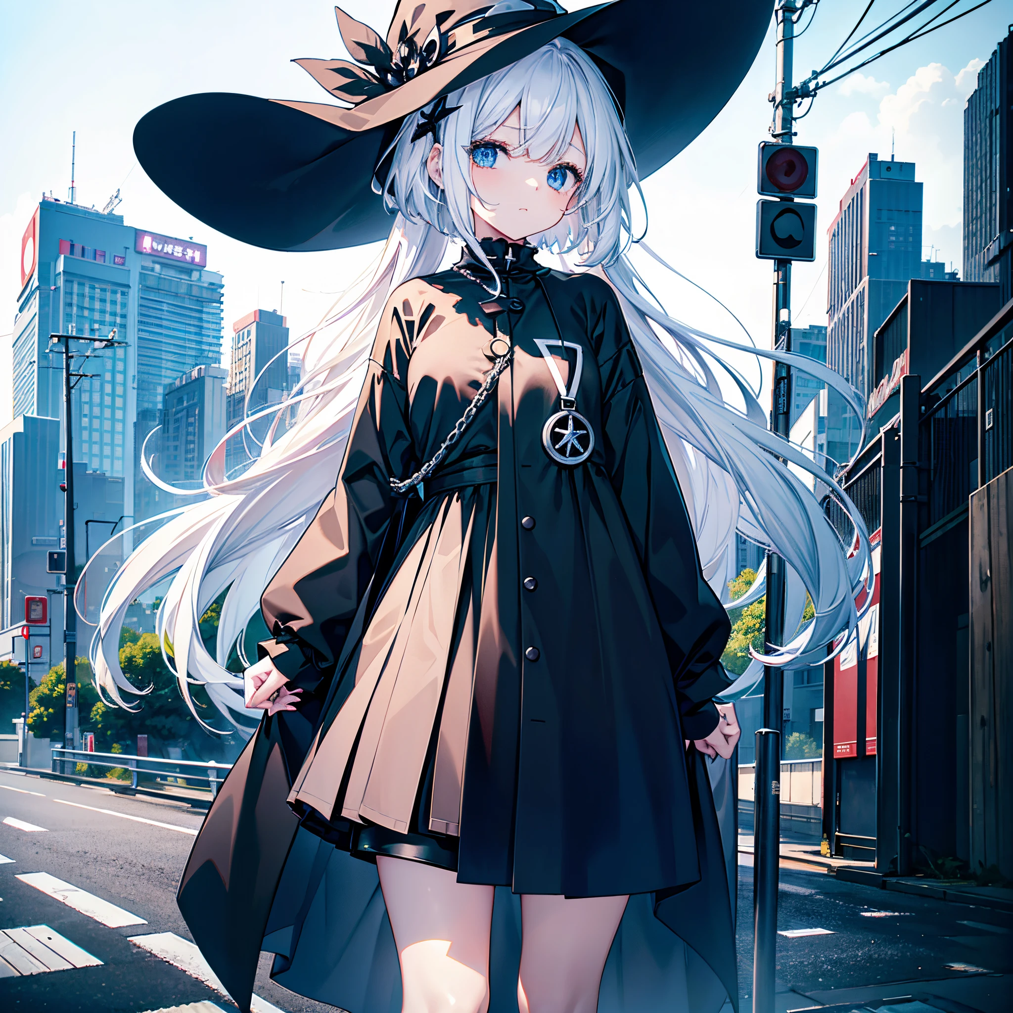 An adult woman standing at twilight on a highway overlooking the ocean of another world.、She has white lob hair with a short bob and wears a large black witch hat with sapphire accessories.、her appearance is stylish、she is wearing a long black coat、I'm wearing a white T-shirt、Black long skirt、Black sneakers with white shoelaces、Black tights、Black Short Leggings、R18 Illustration、Eromanga、erotic illustration、Two-dimensional illustration、Japan Anime、drawn by Japanese ilastrator、high-level image quality、4K picture quality、High Quality、hight resolution、5 million pixels、High Details、uncensored