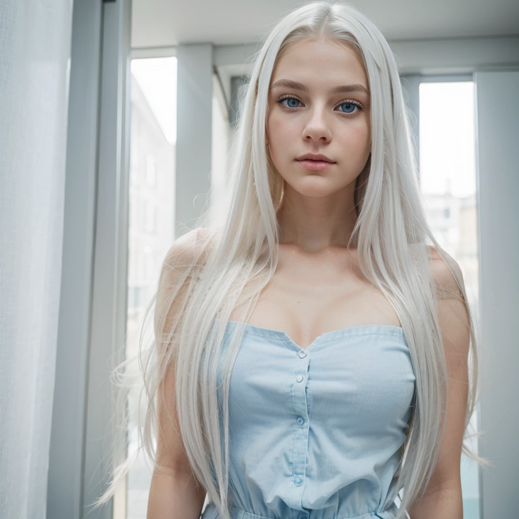 a white girl with long and white hair, perfect face, light blue eyes, 18 yo girl, sexy body, big tits, realistic, short clothes