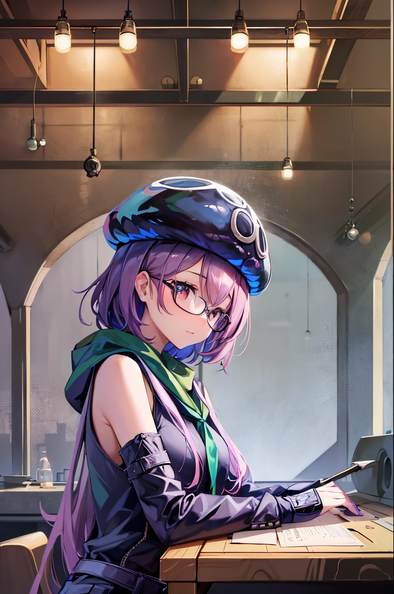 (8k, RAW photo, highest quality), pretty girl using tools next to a table, in a factory, water pipe, water tank, 18th century, short red hair, steampunk aviary helmet, available coat, detailed glasses , (detailed eyes: 0.8), (smart look), (highest quality), (best shadow), intricate details, interior, dark studio, muted colors, (steam punk), Lucca from Chrono trigger, perfect fingers, detailed image, anime style --auto --s2