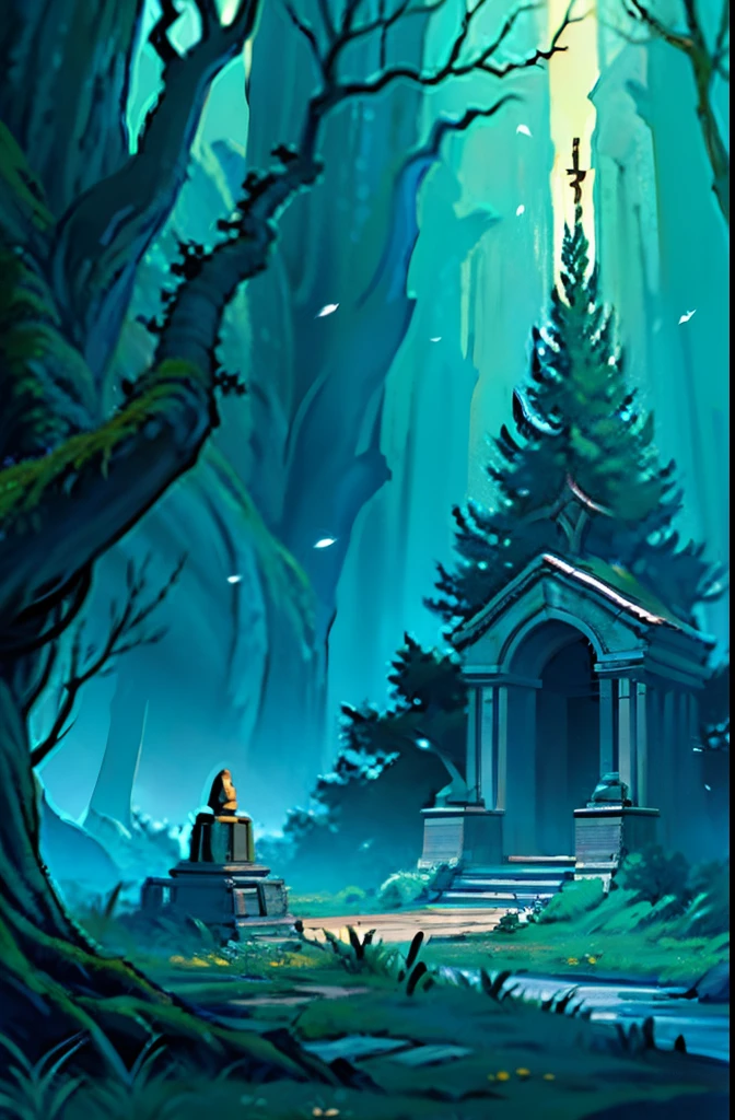 Uma pintura de uma paisagem de outono, dead trees, dead tree branches and dirt, a giant square tomb, uma cerca de ferro forjado, luz noturna, dim sky.