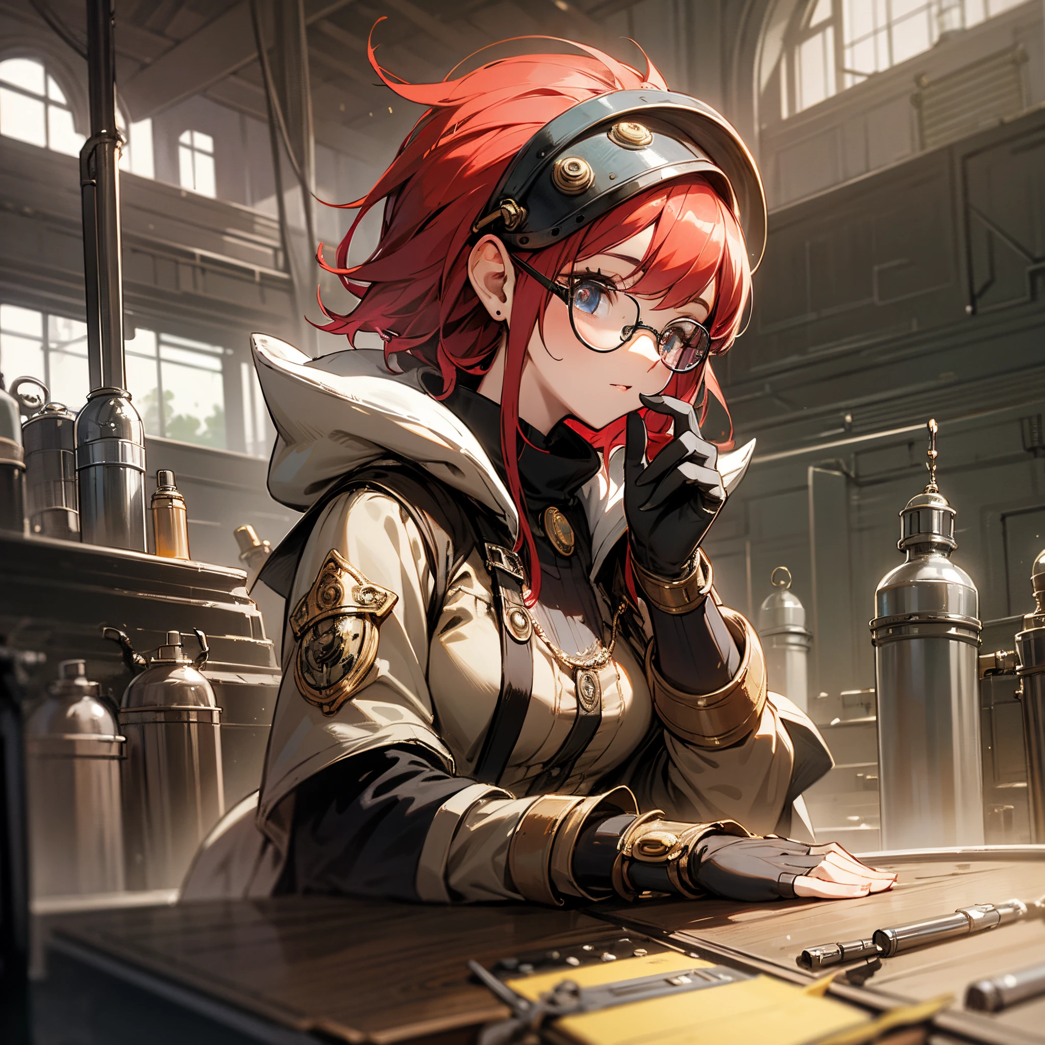 (8k, RAW photo, highest quality), pretty girl using tools next to a table, in a factory, water pipe, water tank, 18th century, short red hair, steampunk aviary helmet, available coat, detailed glasses , (detailed eyes: 0.8), (smart look), (highest quality), (best shadow), intricate details, interior, dark studio, muted colors, (steam punk), Lucca from Chrono trigger, perfect fingers, detailed image --auto --s2
