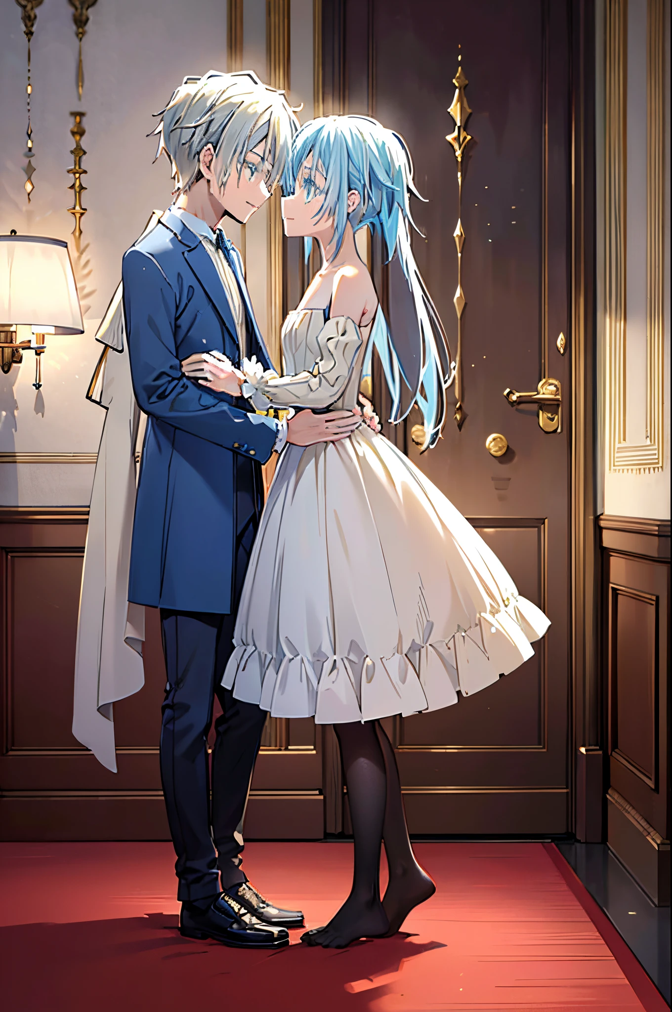 (best quality, ultra-detailed, highres, masterpiece:1.2), Velzard and Rimuru kissing passionately, standing in a luxurious room, both wearing royal attire, medium: oil painting, romantic atmosphere, vibrant colors, detailed background, high contrast lighting, rich textures, lush furniture, elegant decor, delicate brushstrokes, realistic portrayal, fine details, intense emotions, dramatic composition, intimate moment, graceful and natural poses, deep eye contact, tender expressions, intricate clothing, flowing fabrics, tranquil ambiance, soft and warm color tones, mesmerizing visual depth, dreamlike quality, captivating atmosphere, dynamic brushwork, skilled craftsmanship, timeless beauty, magical and enchanting, harmonious blend of fantasy and reality.