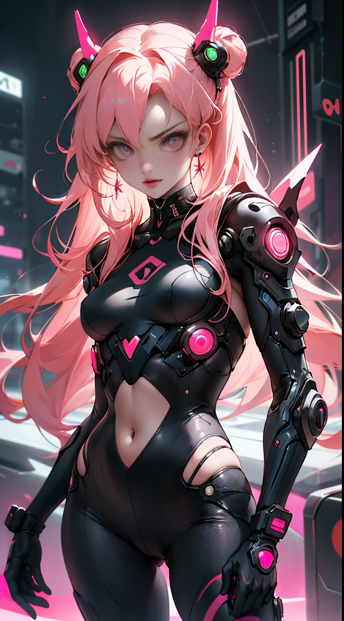 Obra maestra, La mejor calidad, Chica cyberpunk sexy segura, Disparo de vaquero, ((Harajuku inspired pop outfit with neon embellishments)), Colores y patrones llamativos, Accesorios llamativos, Peinado moderno e innovador, Maquillaje vibrante, Paisaje urbano deslumbrante cyberpunk, Rascacieloright neon signs), (Luz LED brillante. Esquema de colores vivos y precisos., Detalles locos, Hermosa cara detallada, Detalles intrincados, Ultra detallado.(Pieza maestra:1.2), (mejor calidad:1.2),(Ojos sutiles y hermosos :1.1),(Perfect anatomy),(cabello largo rosado:1.4)