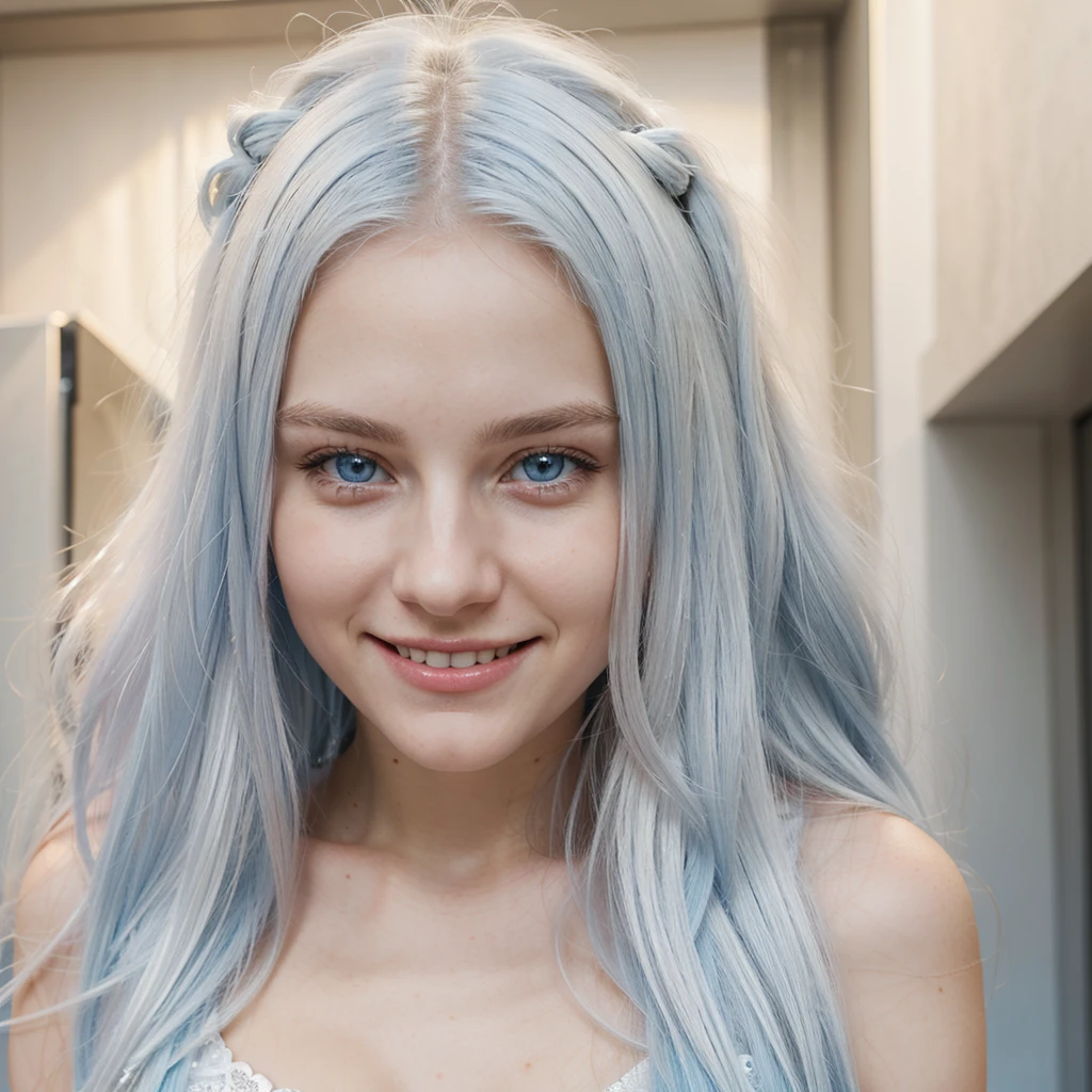 a white girl with long and white hair, perfect face, light blue eyes, 18 yo girl, front photo, realistic, real life smiling