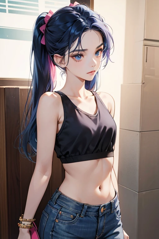 Musa has a light, almost pale skin tone, dark blue hair and thin dark blue eyes. Musa keeps her hair tied up in short high pigtails. Her outfit consists of a small red tank top that exposes her midriff and has a single strap that runs over her right shoulder, a single thin purple armlet that is usually worn around her right bicep but can be seen around her left one on occasion, baggy blue jeans that she keeps sagging low enough to show the part of her pink underwear and big red sneakers with white soles.