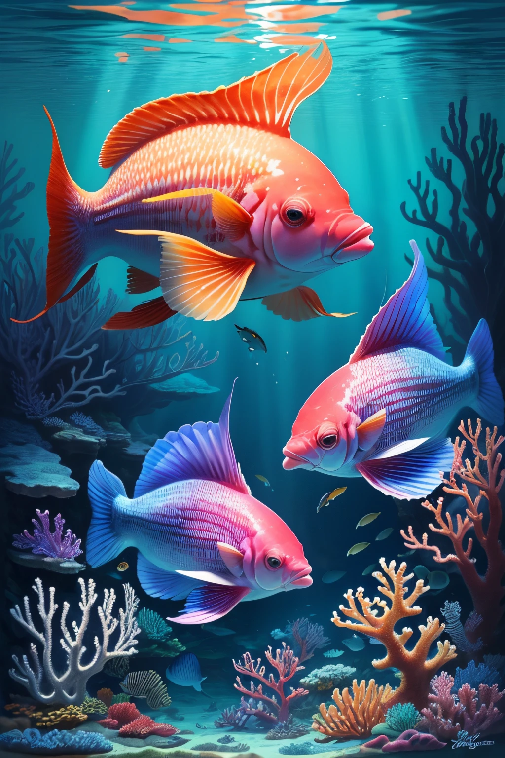 ((best quality)), ((masterpiece)), (detailed), perfect, underwater life, colorful, sea animals, imaginary building from coral reef
