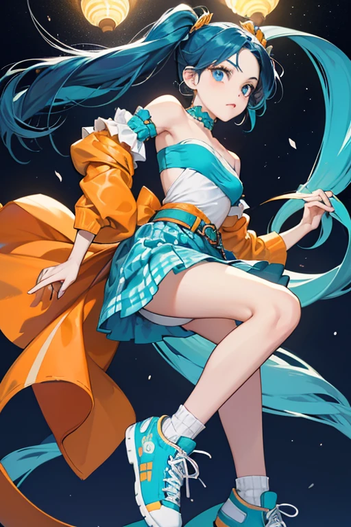 Musa has a light, almost pale skin tone, dark blue hair and thin dark blue eyes. Musa's hair grows considerably in "The Princess Ball", causing her short pigtails to grow down to her waist while it is still tied up with two chin-length hair strands in front of her ears. She wears a strapless turquoise tunic with orange stripes that run in a checkered pattern, an orange belt with a square white buckle wrapped around her waist that makes the ends of the tube top flare out, almost causing it to look like a miniskirt over light blue jeans, long disconnected pastel blue sleeves with big turquoise cuffs, and big turquoise sneakers with dark blue soles.