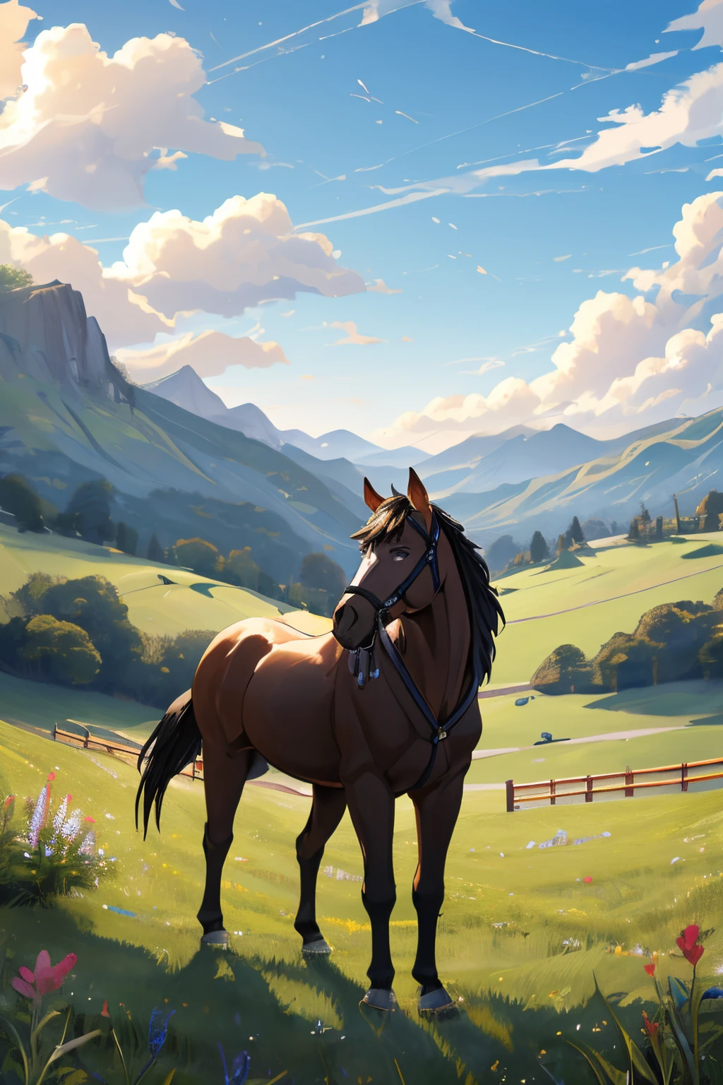 (best quality,4k,highres,masterpiece:1.2),detailed horse without bridle, cozy nap, peaceful countryside landscape, wooden picket fence, distant mountains, warm sunlight, tranquil atmosphere, soft breeze, idyllic scene