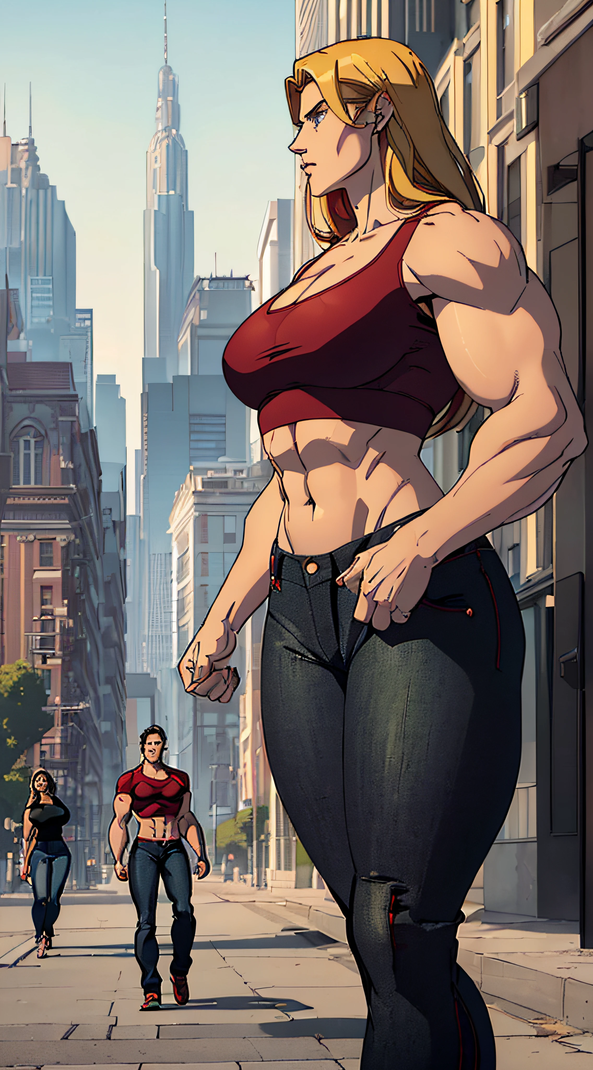 Cinematographic shot, Mujer sola, con ((Ojos verde claro)), ((Retrato de cuerpo entero)), (((((vistiendo jeans cortos y un top rojo)))), ((Caminando en una ciudad moderna, Edificios en el fondo, Un parque al fondo, passersby in the distance, Tarde))), ((Noche)) (((Vista media))), [Dealtoe de la parte superior del cuerpo y las extremidades], [Proporciones realistas], [explicit content], [foco nítido], (Contenido cuestionable), ((Obra maestra)),hembra, solamente, pechos grandes, alto ((muscle building, Mujer musculosa, cuerpo musculoso robusto, Cuerpo fuerte,brazos musculosos,piernas fuertes, hombros fuertes, mujer alta)), ((paquete de seis marcado)), (((Hermoso cabello dorado)),((hembra))), ((fisicoculturista cuerpo fuerte mujer)), (((cuerpo enorme, extremidades enormes, huge muscles))),((big muscles)) ((cuerpo de culturista muy fuerte)) (((Grande, strong and robust body of a bodybuilder physique))) (((sixpack marcado y fuerte))) ((grandes brazos musculosos, Espalda musculosa)), ((gran cuerpo de culturista)),. ((piel blanca), ((cuerpo completo), ((Mujer europea)), ((Mujer blanca))