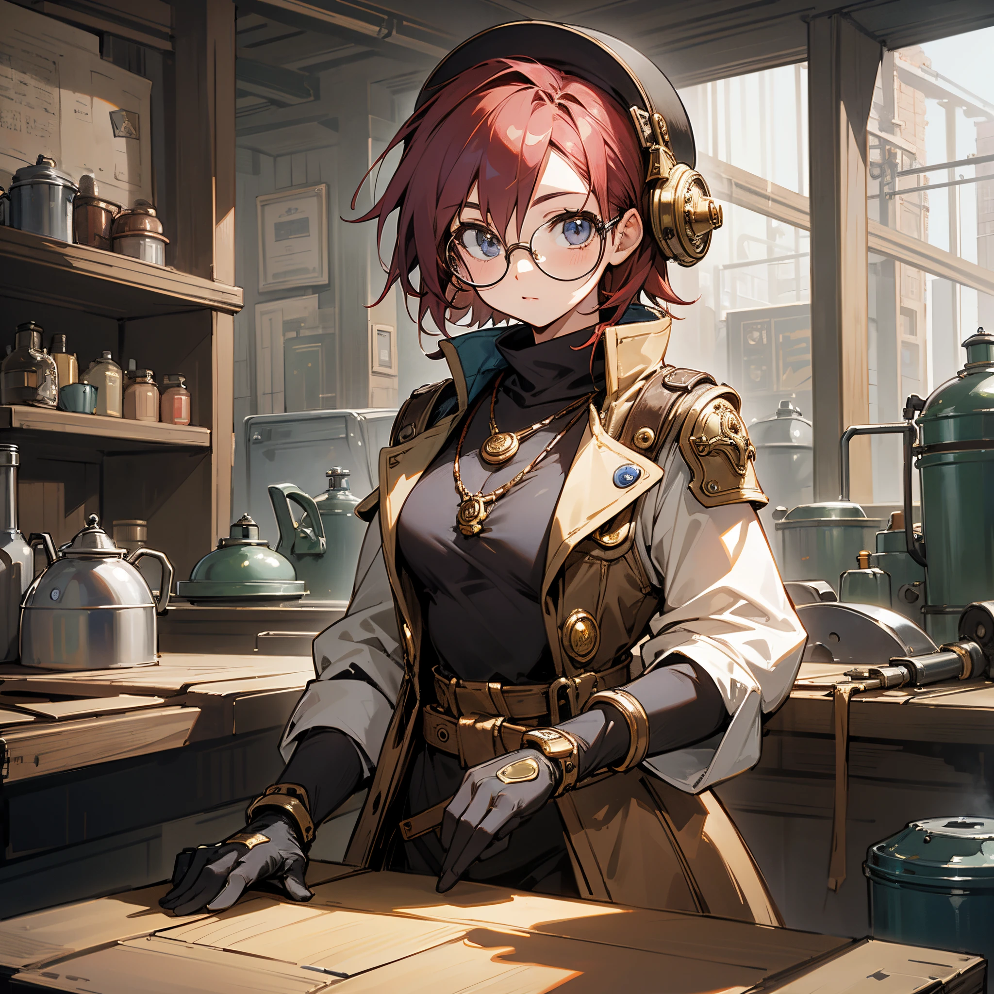 (8k, RAW photo, highest quality), pretty girl using tools next to a table, in a factory, water pipe, water tank, 18th century, short red hair, steampunk aviary helmet, available coat, detailed glasses , (detailed eyes: 0.8), (smart look), (highest quality), (best shadow), intricate details, interior, dark studio, muted colors, (steam punk), Lucca from Chrono trigger, perfect fingers, detailed image --auto --s2