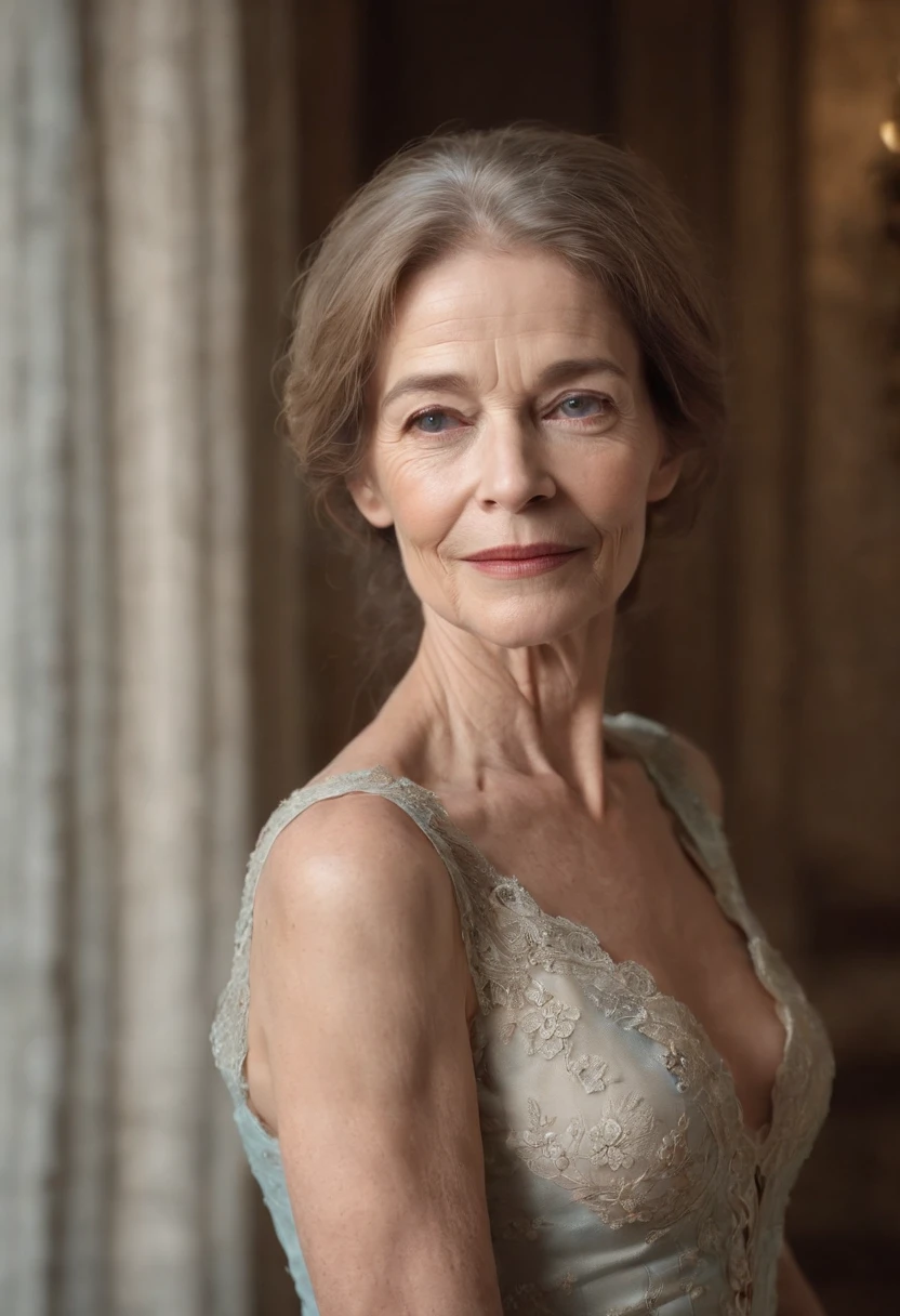 Three-quarter length nude photo of very thin anorexic skinny 85 year old actress, very long very straight snow white braided hair, ice blue eyes, detailed eyes, large big round tits in a lace push up boustier cleavage, brown casual vest, realistic skin with pores and blemishes, pale skin, looking directly at the camera very confident and sexy eyes, casual slight smirking smile, beautiful round ass, huge cleavage with wrinkles and age spots , clear signs of aging lots of wrinkles, she’s a Charlotte Rampling lookalike, in a blurry abandoned antique theater space, distant out of focus dark red velvet curtain, elaborate plaster work, skylight, and very dramatic light