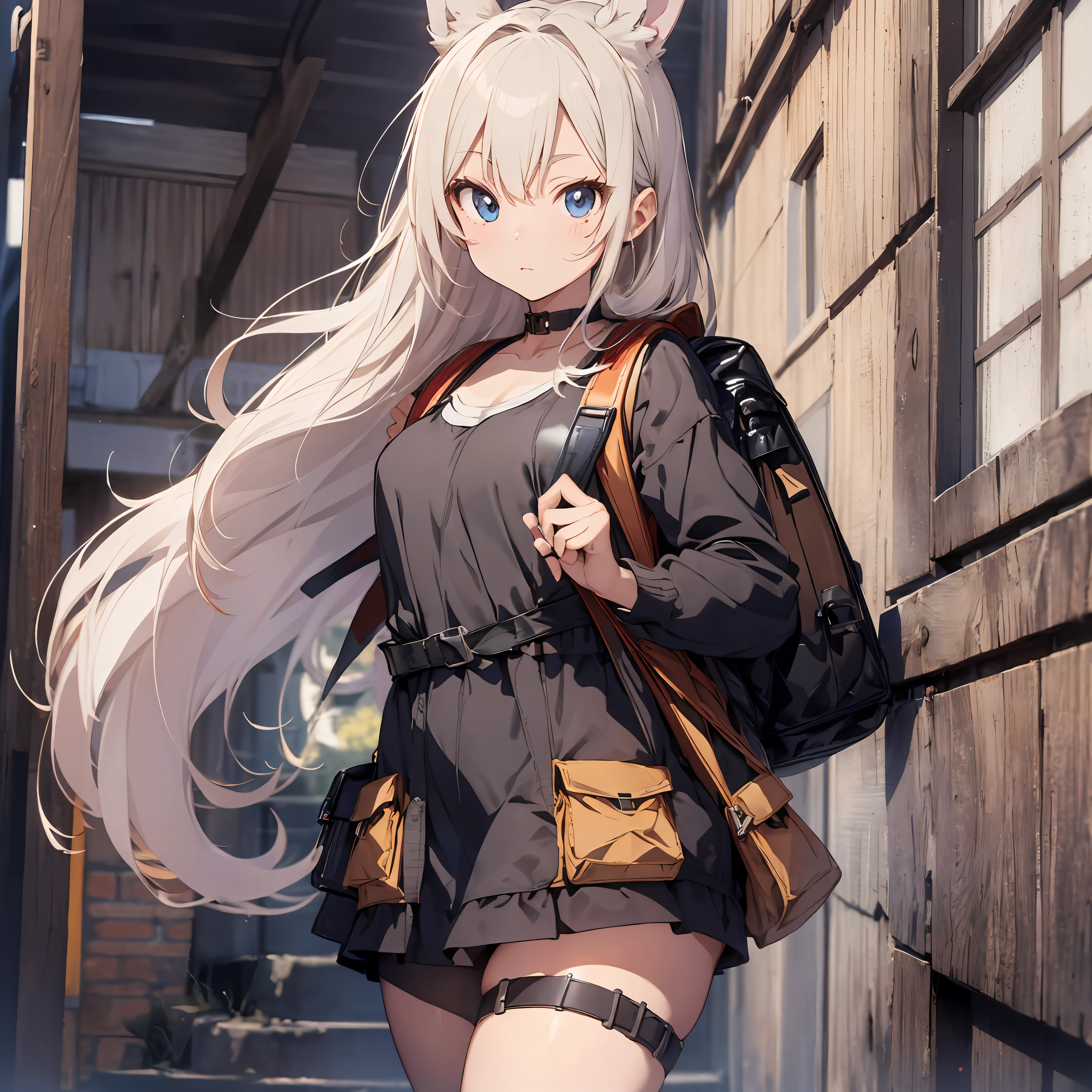 background is kyoto、Focus from the back、stoop、Kimono with tank top、Leather backpack、Thick eyebrows、(Huge backpack:1.5)、（darkskin:1.3)、Brown skin、ciinematic light、small tits、Rabbit ears、(​masterpiece)、((top-quality))、(ultra-detailliert)、shinny skin、Full Body Anime Girl、Clean and detailed anime face、High Resolution Anime Eyes、Five Fingers、textile shading、The perfect human structure、perfect anatomia、