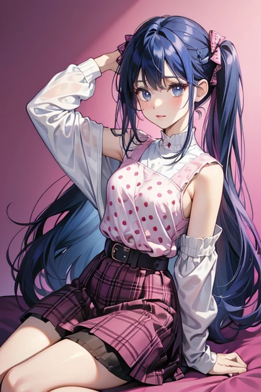 Musa has a light, almost pale skin tone, dark blue hair and thin dark blue eyes. Musa's hair is not tied up in her signature pigtails, opting to let her hair flow freely down behind her as she also discards her typical hime cut bangs by keeping them in a side-swept style instead. She wears a pastel pink tank top under a short-sleeved magenta shirt with white polkadots and longer, maroon-colored sleeves that run down to her wrists, a black belt with a square, silver buckle and several silver rings, a deep pink-and-black plaid miniskirt, white knee-high socks each with a pair of reddish-pink that run across the top horizontally, and magenta-colored high-heels with white polkadots similar to her shirt.